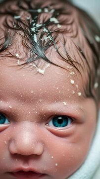 Newborn baby with vernix, intense gaze, close-up portrait, for medical publications