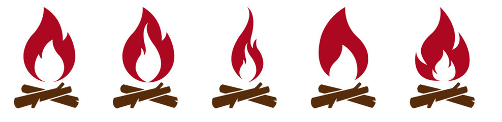 Wood campfire set. Camping fire firewood, signal bonfire on beach outdoor fireplace with burn coal or wooden log extinguished flame cartoon campfires