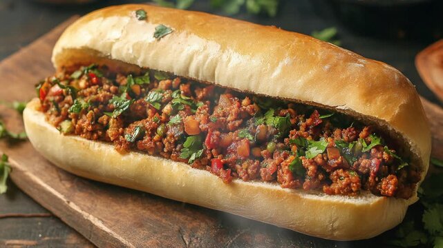Keema Pav or minced meat sandwich on the table with smoke