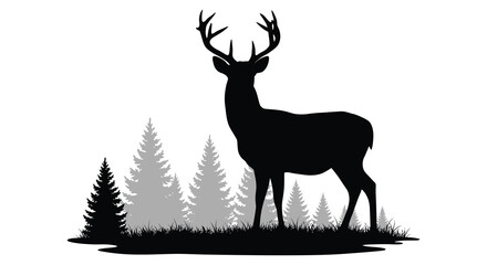 Majestic stag stands amongst evergreen trees a striking black silhouette