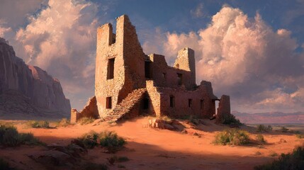 Obraz premium Ruined adobe house in desert landscape