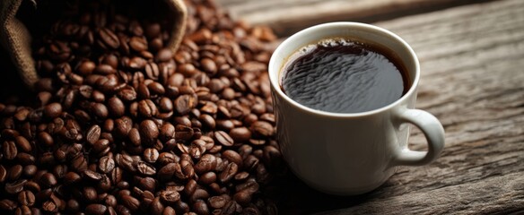 Naklejka premium The Coffee Cup Surrounded by Fresh Roasted Beans on Rustic Wooden Tabletop