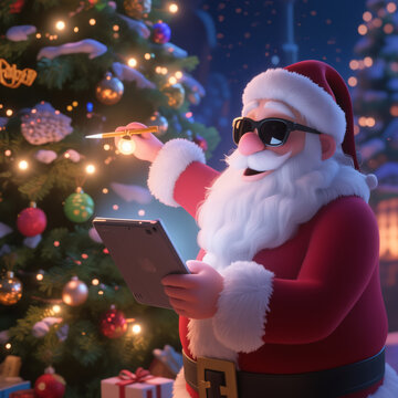 Santa Claus in sunglasses holds a tablet and stylus, standing by a decorated Christmas tree with gifts, in a festive, digital art style.