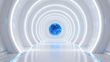 Obraz premium Futuristic White Circular Tunnel with Blue Ball