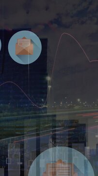 Animation of email icons and data processing over cityscape