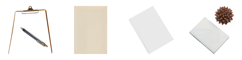 A still life featuring a clipboard with a pen, two sheets of paper, and a flower bud object on transparent background