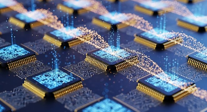 Futuristic Semiconductor Chips on a Circuit Board transmitting data