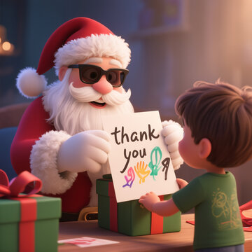 A cheerful Santa in sunglasses receives a thank you card from a child, with colorful gifts on the table, creating a warm and festive atmosphere.