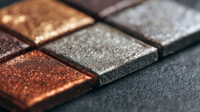 Sparkling metallic eyeshadow palettes in bronze, gold, and silver close-up on textured surface