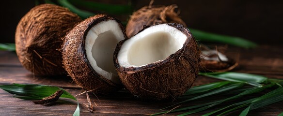 The coconut halves on a rustic wooden table with tropical palm leaves and light