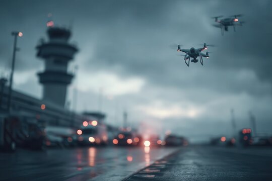 drones flying above an airport runway 
