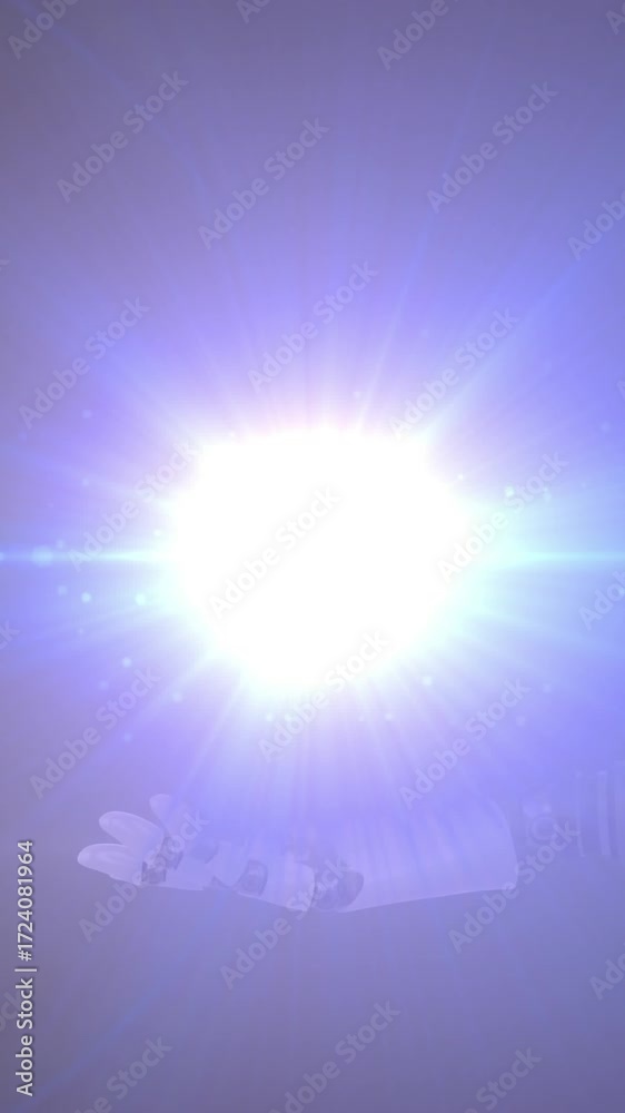 Wall mural animation of ball of light over hand of extended robot arm on dark background