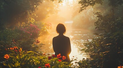 Spiritual meditation by pond high resolution picture