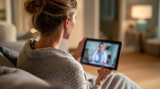 back view of woman making video call with her doctor while staying at home close up of patient in video conferencing with general practitioner on digital tablet sick girl in online consultation no lo