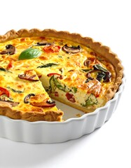 Baked savory quiche with a slice removed