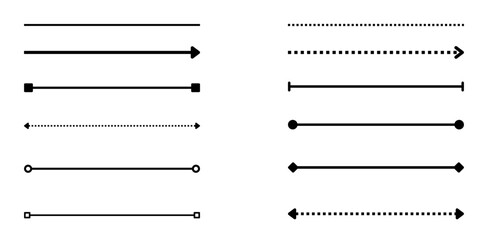 Straight, dotted, dashed and arrow lines set with circle, square and diamond ends, geometric line elements for design, infographic dividers and graphic decoration