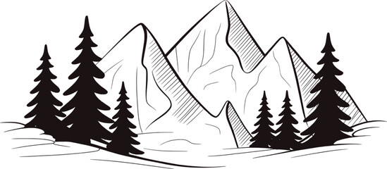 Black and white mountain landscape with pine trees forest nature © Mehedy