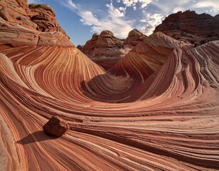 Colorful, swirling sandstone formations in a desert canyon