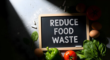Image promoting reducing food waste with vegetables eggs blackboard words