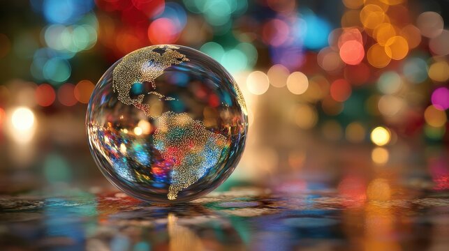 clear globe against a festive holiday backdrop with abstract and colorful lighting