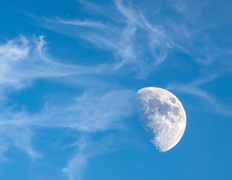 Crescent moon in a vibrant blue sky with wispy clouds