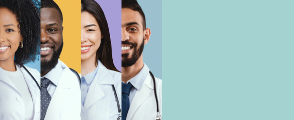 Obraz premium A collage features a diverse group of healthcare professionals including an Asian woman and a Black man. They are dressed in medical coats, showcasing their commitment to providing care and expertise.