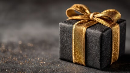 black gift box with shiny gold ribbon on dark background festive holiday banner design