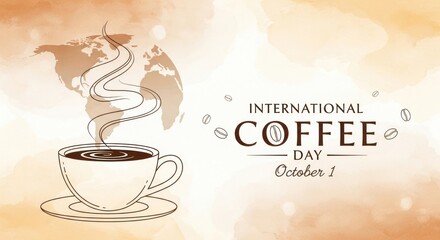 Steaming cup of coffee with a world map outline symbolizing International Coffee Day