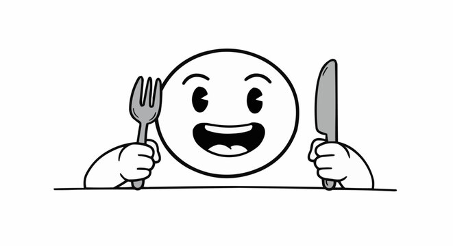 Cartoon face holding a fork and knife ready to eat with anticipation and a smile on a white background
