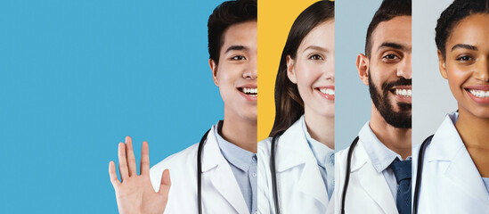Obraz premium Four medical professionals from diverse backgrounds express warmth and approachability. Each doctor wears a white coat and stethoscope, symbolizing care in healthcare.