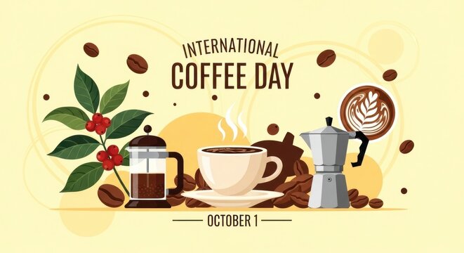 Celebrate International Coffee Day with a warm cup and roasted beans, a delightful illustration.