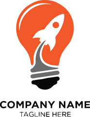 Vector art of innovation logo featuring a rocket launching from a light bulb, symbolizing creativity, ideas, and progress