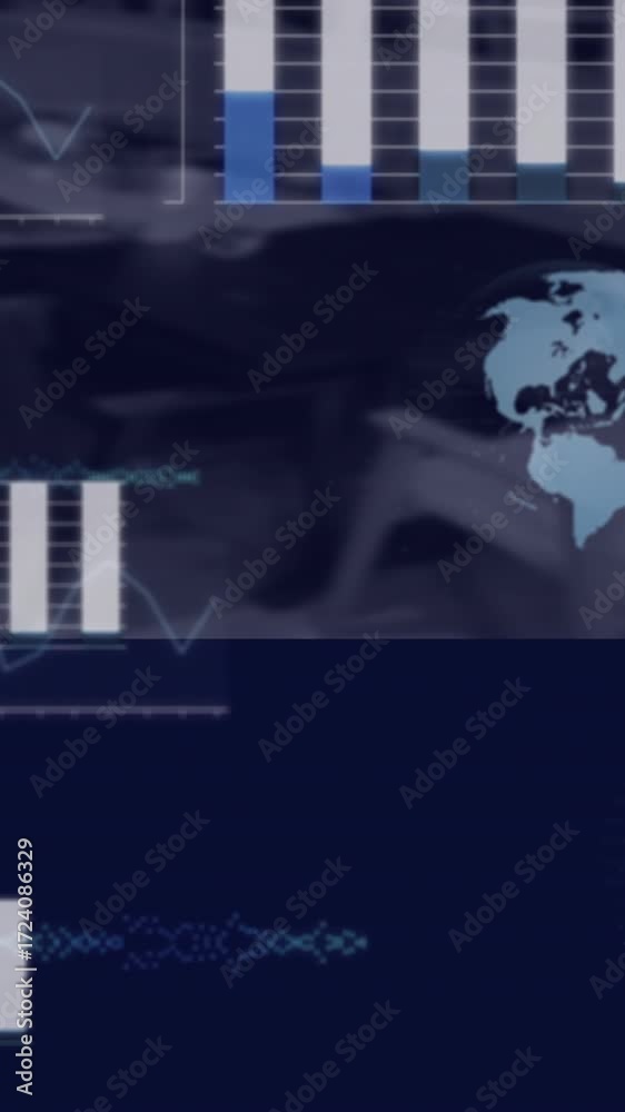 Wall mural graphs and globe animation over abstract dark background with data processing