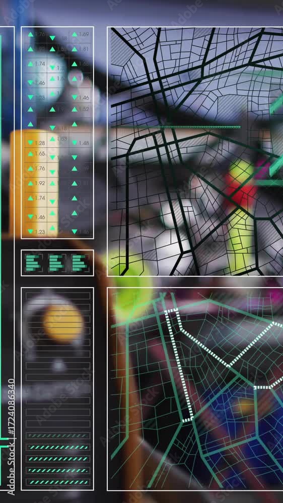 Wall mural analyzing data graphs and network on digital interface with animation effects