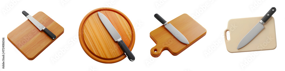 Wall mural a collection of four different cutting boards each with a knife resting on top of them on transparen