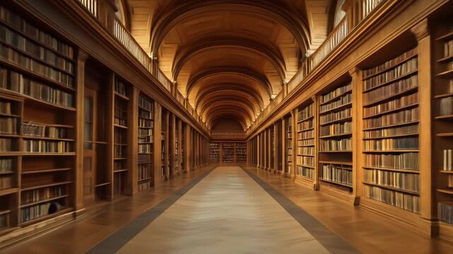 Grand, arched library with wooden bookshelves filled with many books