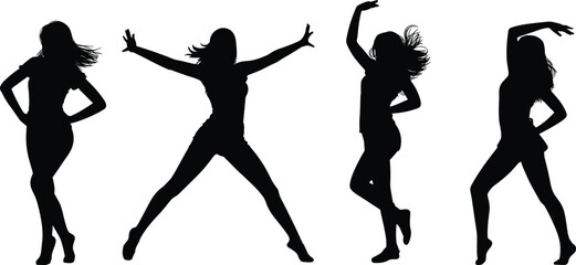 Dance silhouette, female dancer poses, black figure art, expressive movement, modern choreography, vector illustration, artistic posture, minimal design, clipart