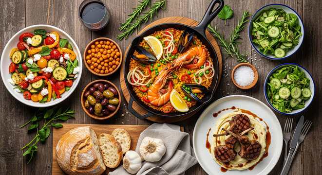 Mediterranean Dinner Spread with Paella, Lamb Chops, Roasted Vegetables and Wine; Rustic Food Photography for food blog headers, recipe websites, Mediterranean cuisine articles, restaurant menu design