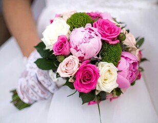 Obraz premium A vibrant wedding bouquet held by a hand