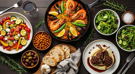 Spanish Paella with Seafood, Lamb Chops, and Fresh Salads; Mediterranean Cuisine Stock Image for culinary magazines, social media food posts, cooking class promotions, diet & nutrition blogs