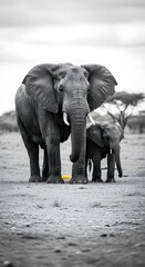 Obraz premium Majestic African Elephant Mother and Calf in a Monochromatic Landscape A Touching Wildlife Portrait Showcasing the Bond Between Generations Amidst the Savanna's Beauty