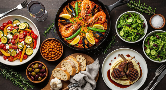 Spanish Paella with Seafood, Lamb Chops, and Fresh Salads; Mediterranean Cuisine Stock Image for culinary magazines, social media food posts, cooking class promotions, diet & nutrition blogs
