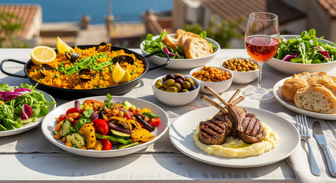 Mediterranean Dinner Spread with Paella, Lamb Chops, Roasted Vegetables and Wine; Rustic Food Photography for food blog headers, recipe websites, Mediterranean cuisine articles, restaurant menu design