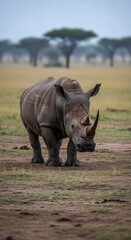 Obraz premium Majestic Rhino in Natural Habitat A Stunning Portrait of a White Rhinoceros in the African Savannah, Showcasing its Powerful Presence and Natural Beauty