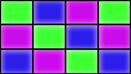 fluorescent neon disco tv video wall of alternating flashing multi coloured squares of bright pink, green and blue 4K music pop promo video wallpaper background animated motion backdrop animation

