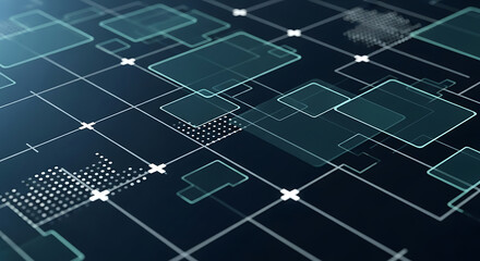 Abstract digital network grid with glowing geometric shapes and data points technology