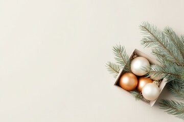 Festive ornaments nestled in box with fresh evergreen branches,