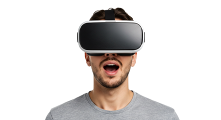 Excited young man experiencing virtual reality with open mouth isolated on transparent background male in vr headset looking amazed and shocked by augmented reality