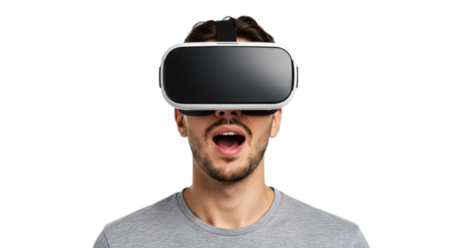 Excited young man experiencing virtual reality with open mouth isolated on transparent background male in vr headset looking amazed and shocked by augmented reality