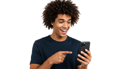 Excited young man pointing at his smartphone isolated on transparent background happy african american guy showing mobile phone screen with surprised expression